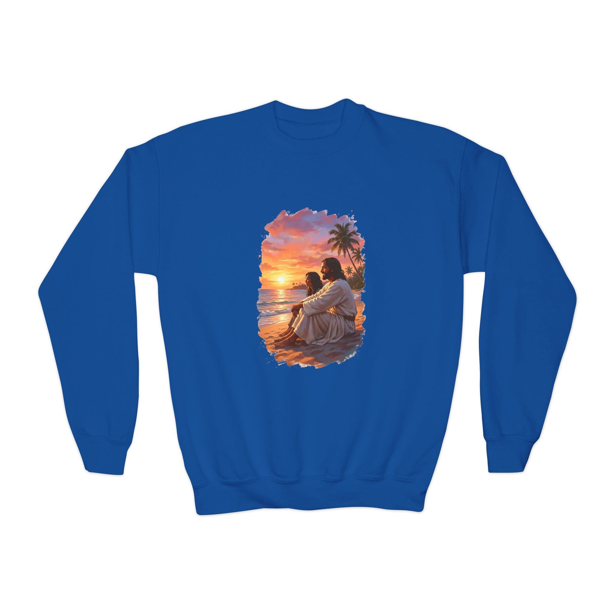 Kids Religious Sweatshirt | Jesus on the Beach at Sunset Christian Kids Crewneck Sweatshirt | Joyful Jesus