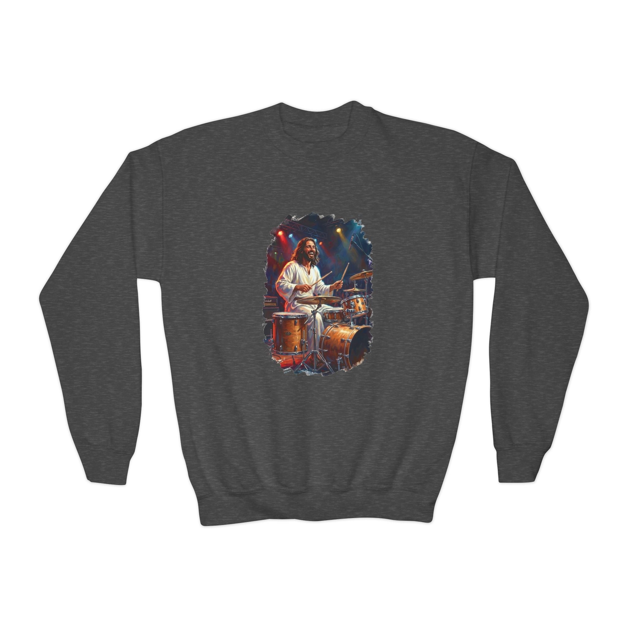 Kids God Sweatshirt | Jesus Playing Drums at Concert Christian Kids Crewneck Sweatshirt | Joyful Jesus