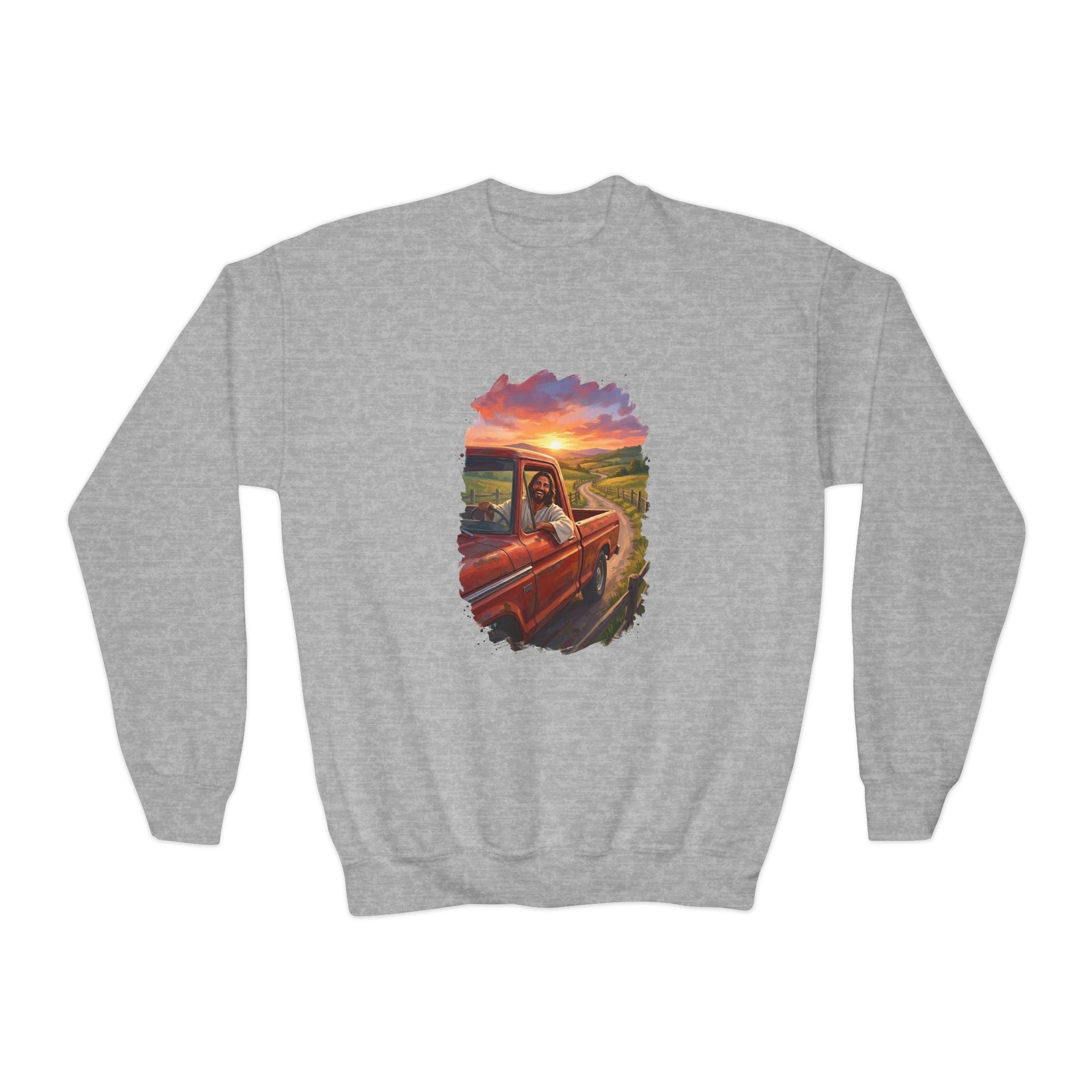 Kids Faith Sweatshirt | Jesus Driving a Truck Christian Apparel Kids Crewneck Sweatshirt | Joyful Jesus