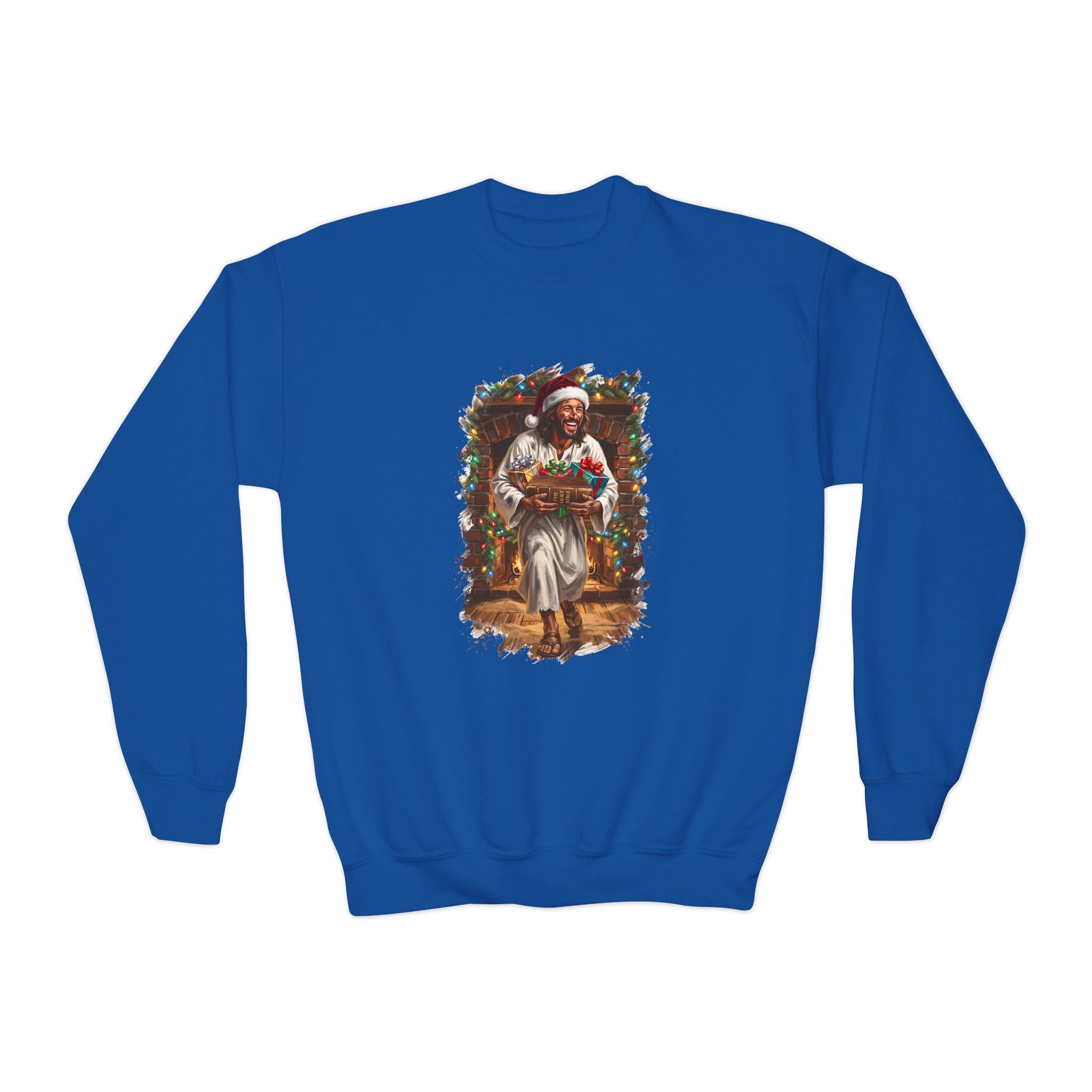 Kids Jesus Santa Hat Sweatshirt | Jesus Down the Chimney with Gifts Funny Christmas Kids Crewneck Sweatshirt | Joyful Jesus