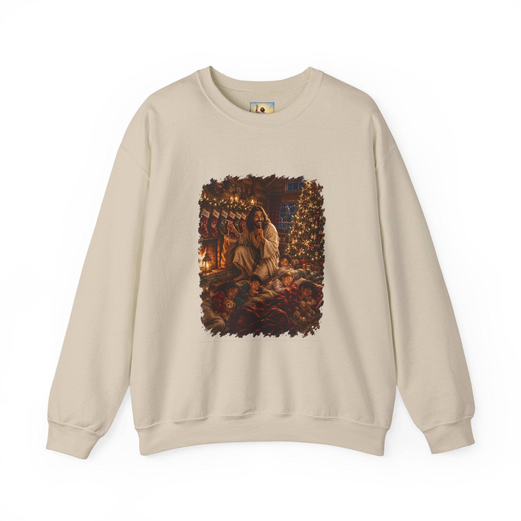 Christmas Eve Jesus Sweatshirt | Jesus by the Fire with Sleeping Children Christian Crewneck | Joyful Jesus