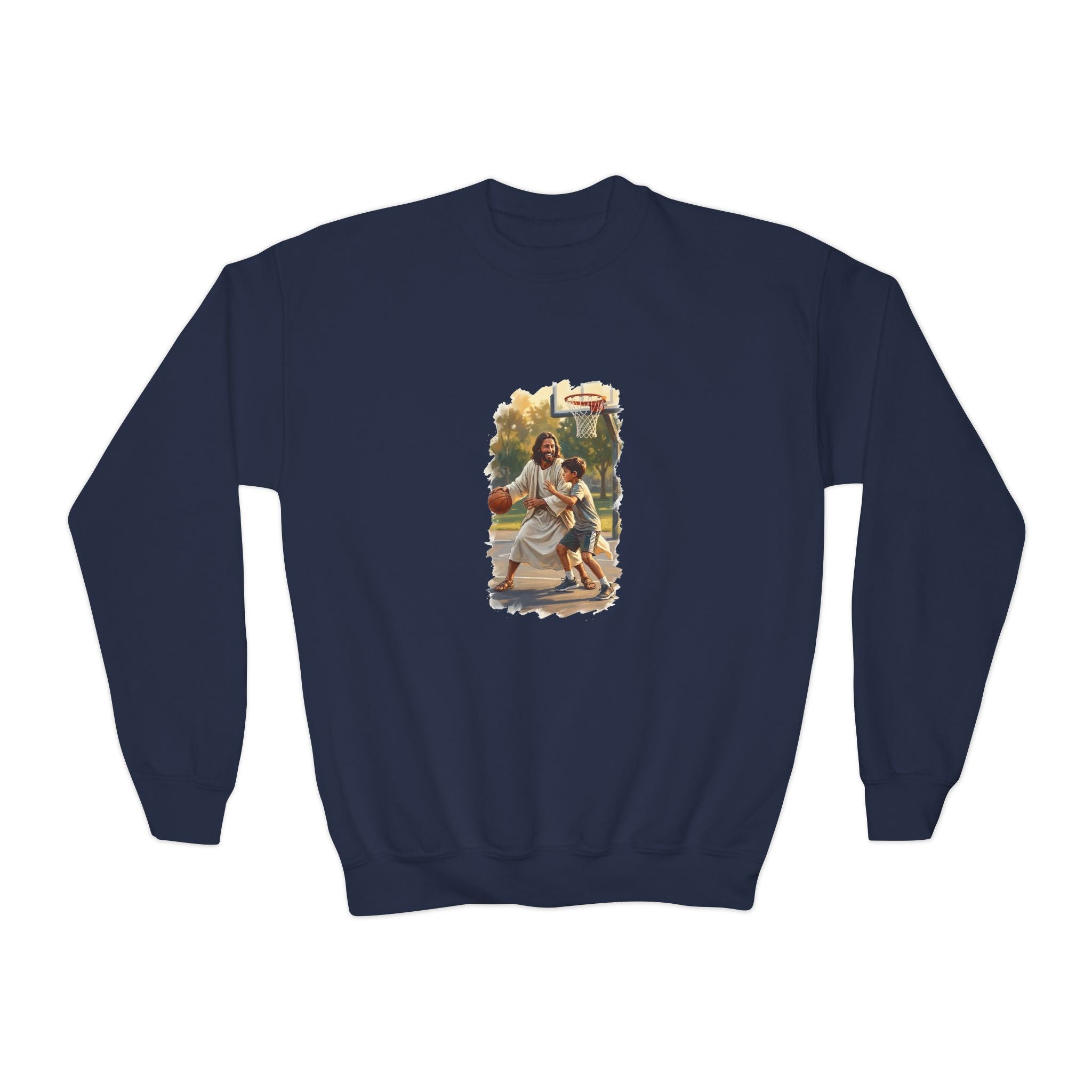 Kids Funny Jesus Sweatshirt | Jesus Playing Basketball Christian Kids Crewneck Sweatshirt | Joyful Jesus
