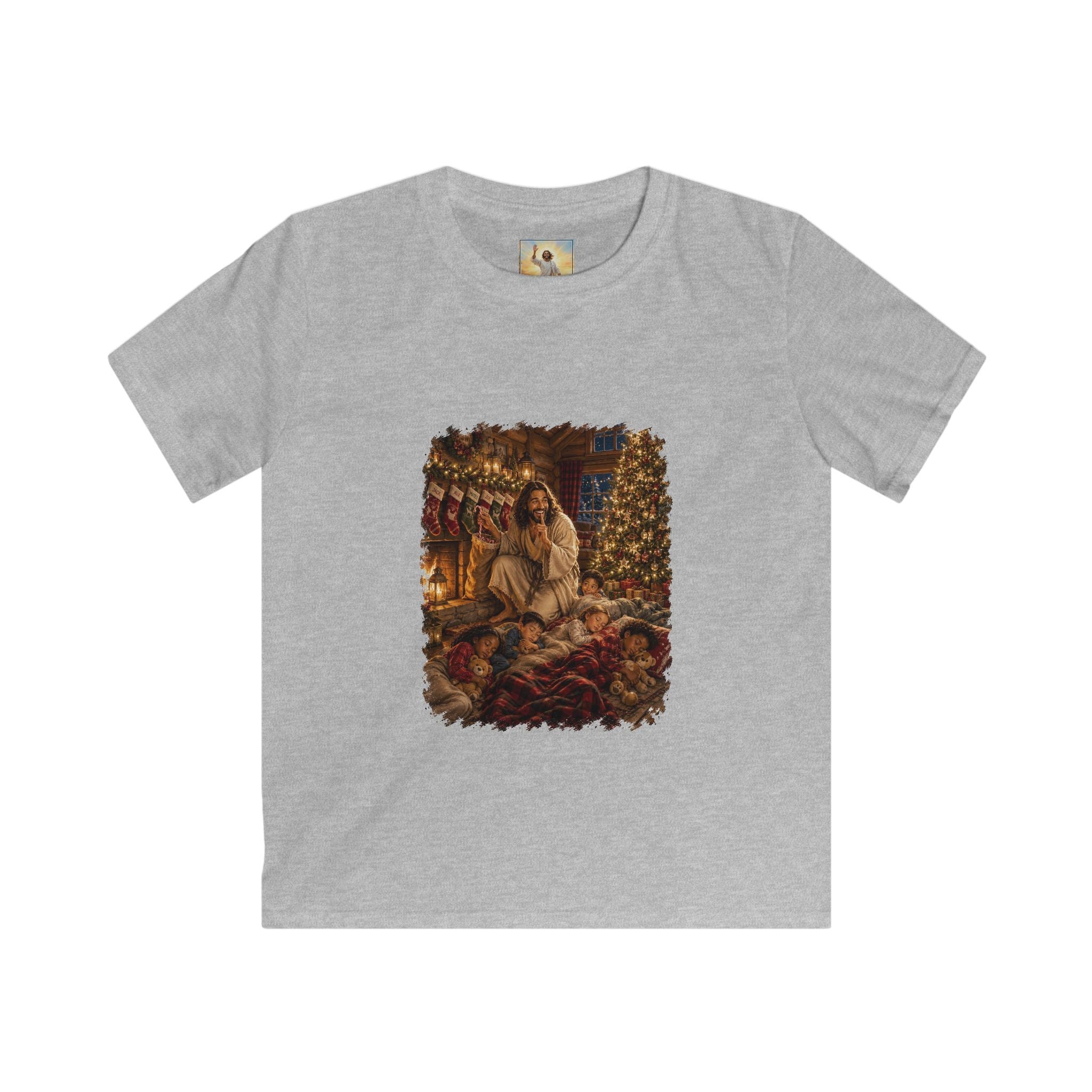 Kids Christmas Eve Jesus Shirt | Jesus by the Fire with Sleeping Children Christian Kids T Shirt | Joyful Jesus