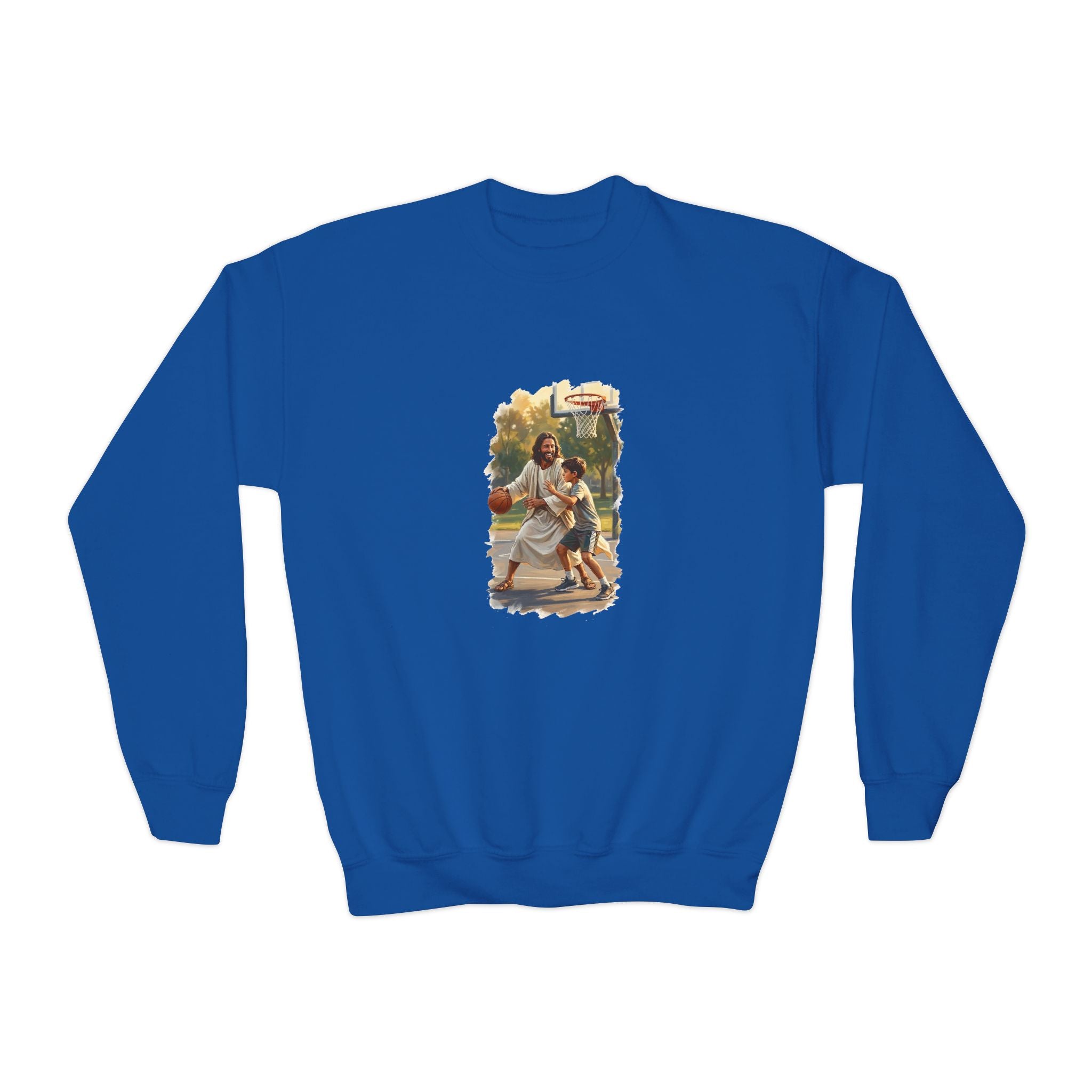 Kids Funny Jesus Sweatshirt | Jesus Playing Basketball Christian Kids Crewneck Sweatshirt | Joyful Jesus