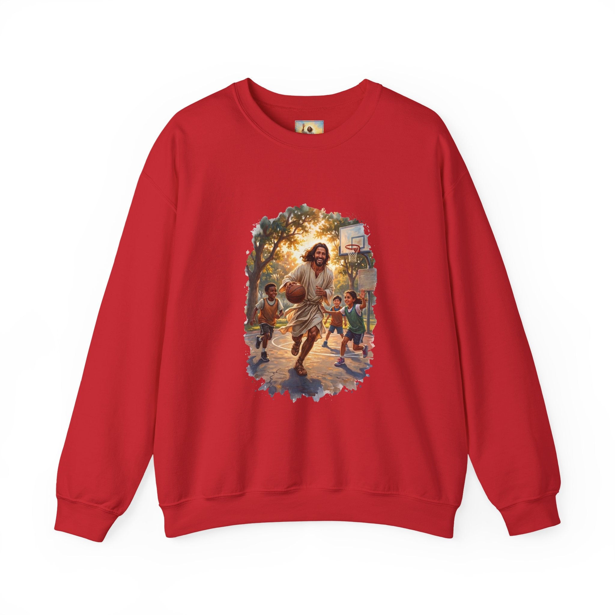 Jesus Basketball Sweatshirt | Jesus Playing Basketball with Kids Christian Crewneck Sweatshirt | Joyful Jesus