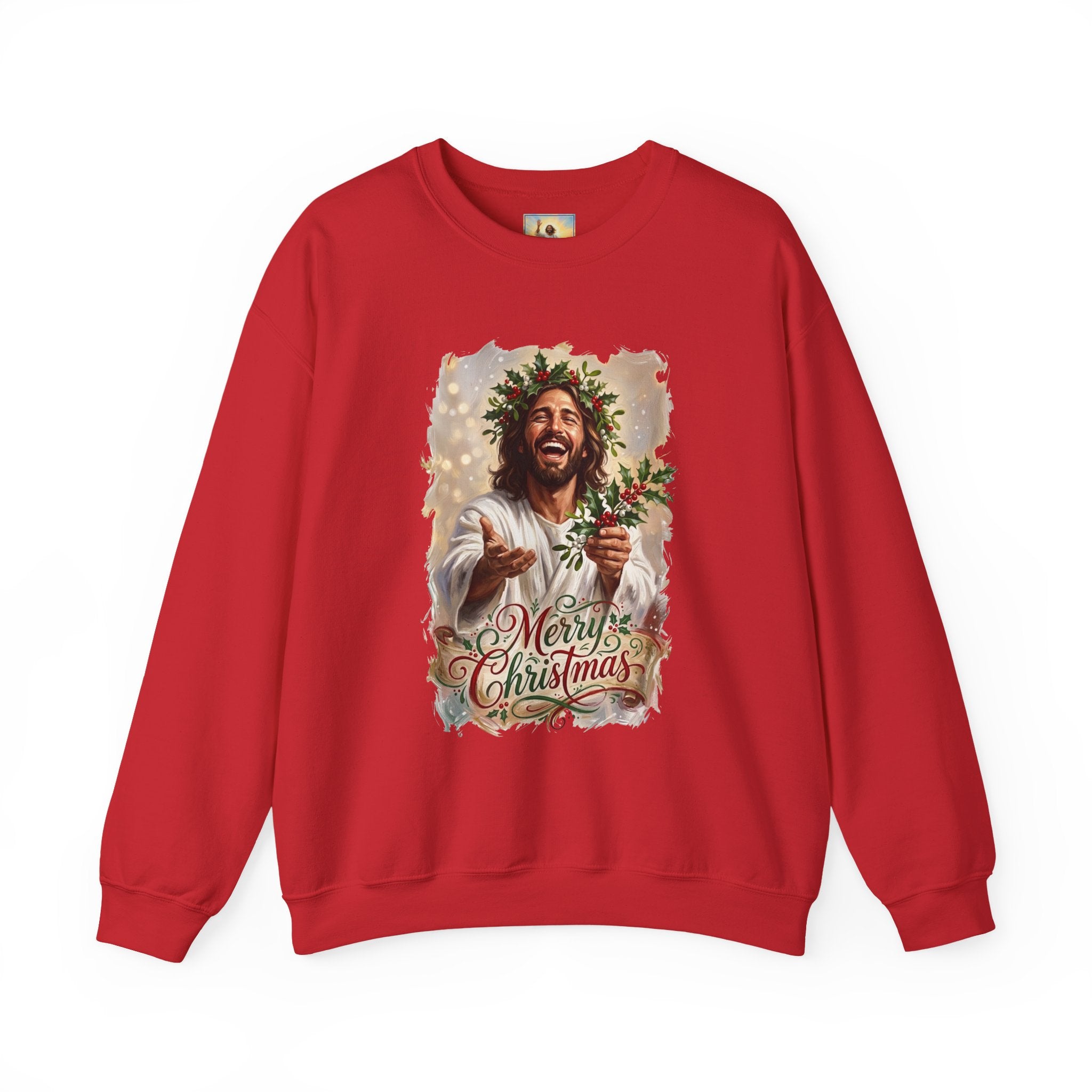 Merry Christmas Jesus Sweatshirt | Laughing Jesus with Holly Christian Crewneck | Joyful Jesus