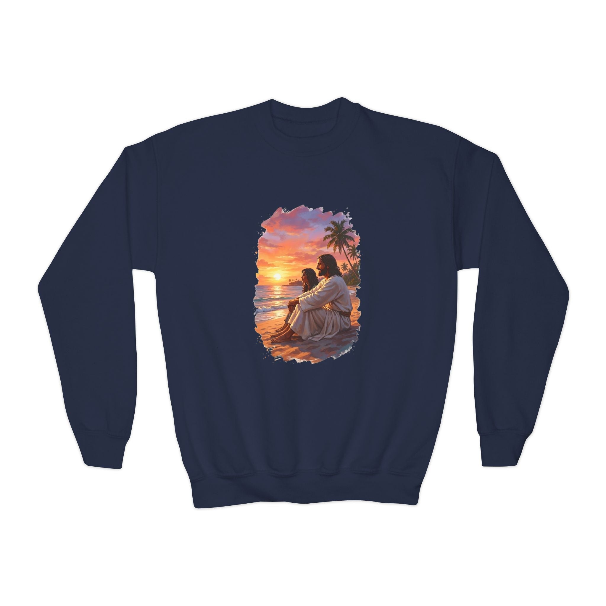Kids Religious Sweatshirt | Jesus on the Beach at Sunset Christian Kids Crewneck Sweatshirt | Joyful Jesus