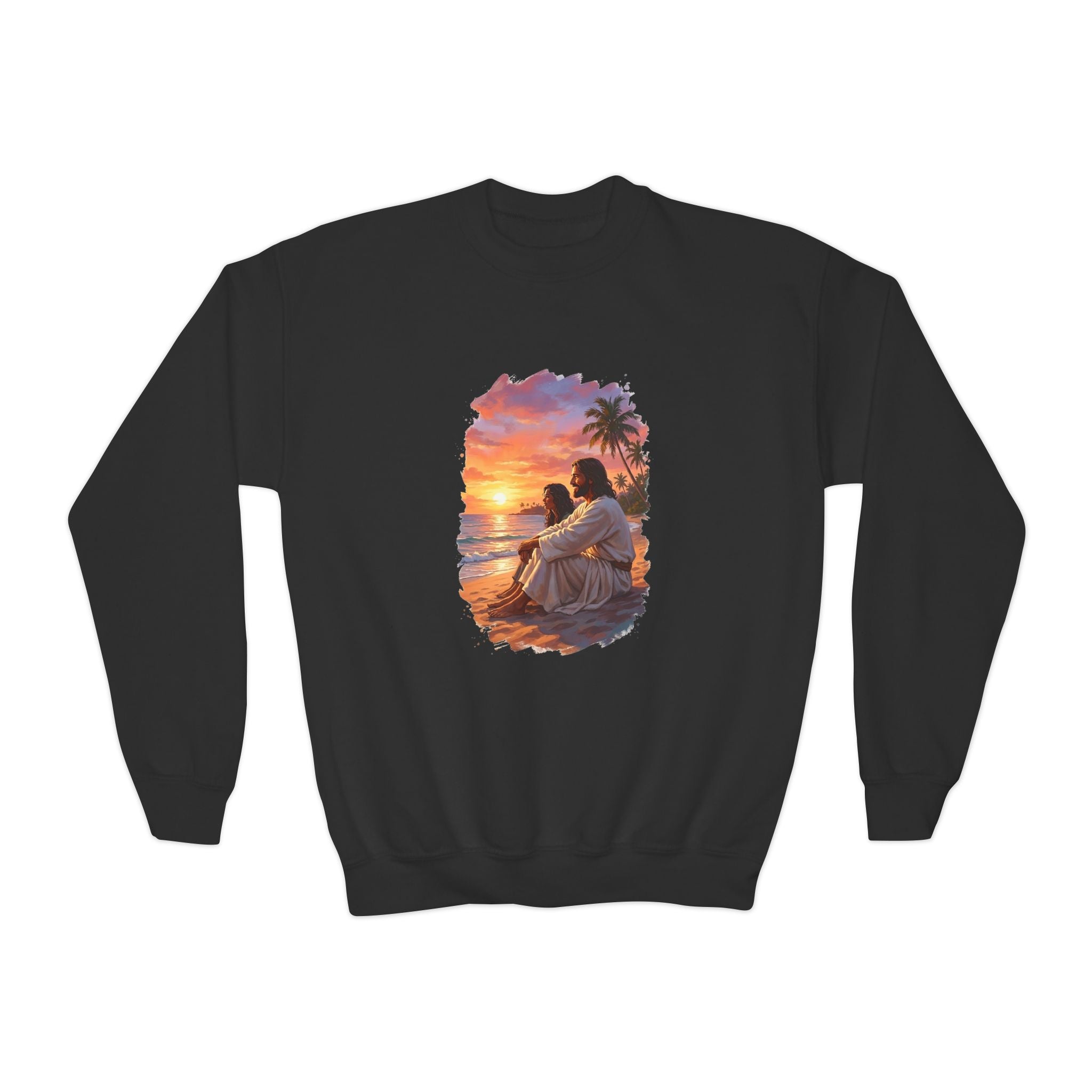 Kids Religious Sweatshirt | Jesus on the Beach at Sunset Christian Kids Crewneck Sweatshirt | Joyful Jesus