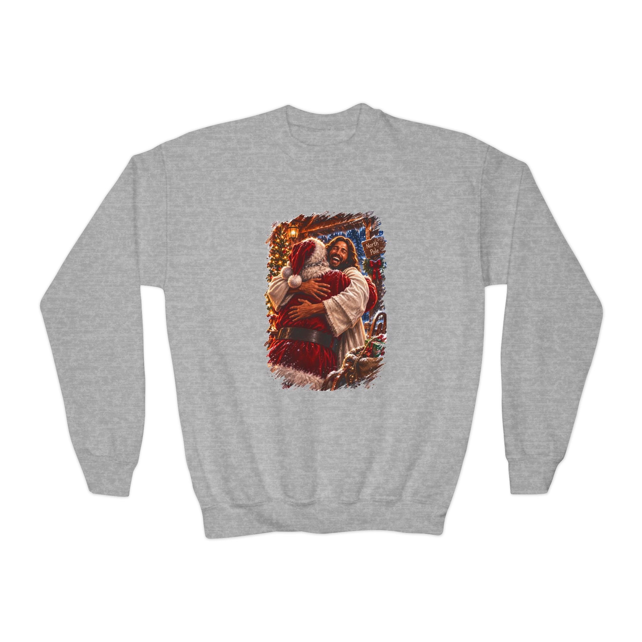 Kids Jesus Hugging Santa Sweatshirt | Funny Christian Christmas Kids Crewneck Sweatshirt | Joyful Jesus