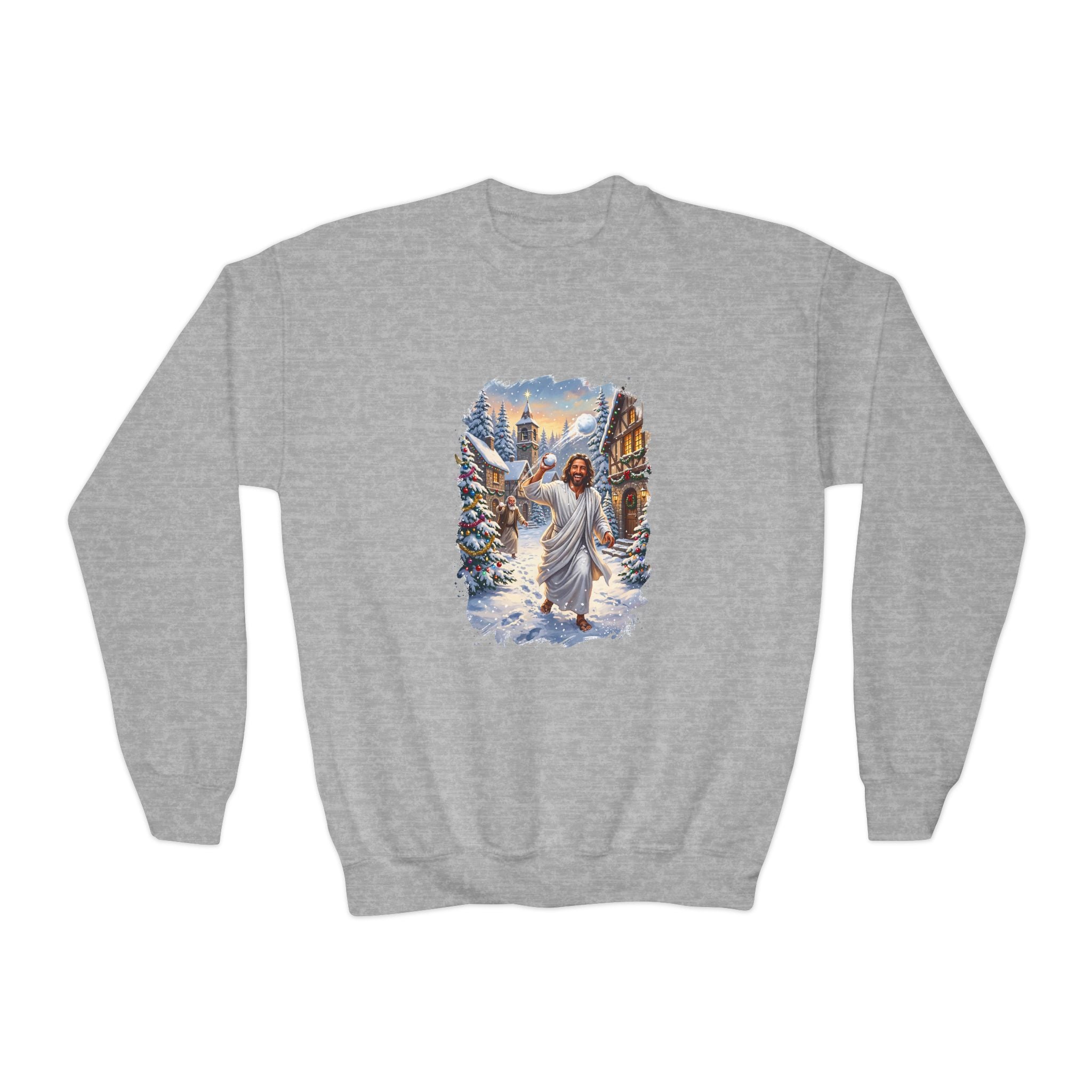 Kids Jesus Snowball Fight Sweatshirt | Funny Christian Christmas Kids Crewneck Sweatshirt | Joyful Jesus