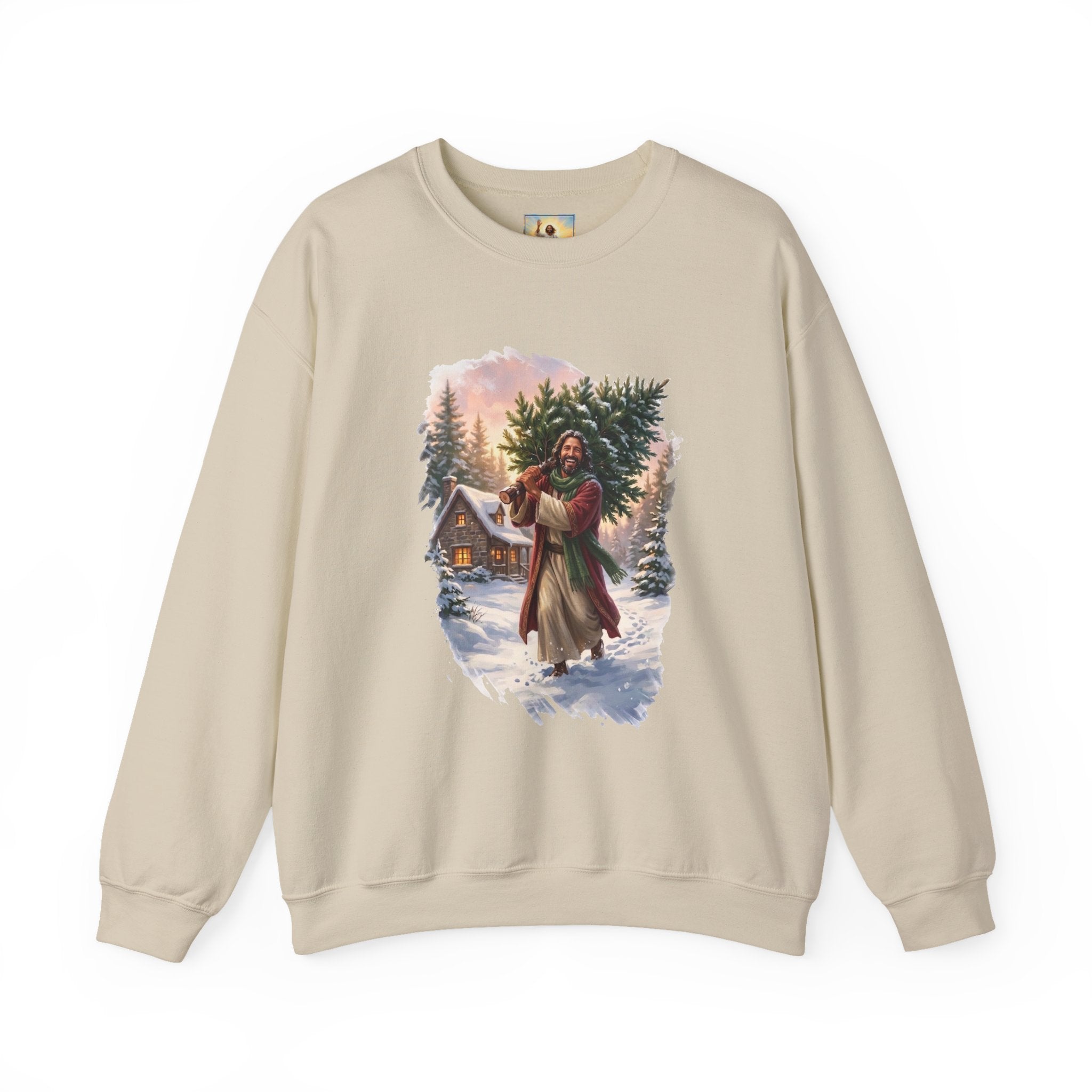 Jesus Christmas Tree Sweatshirt | Jesus Carrying a Christmas Tree Christian Crewneck | Joyful Jesus