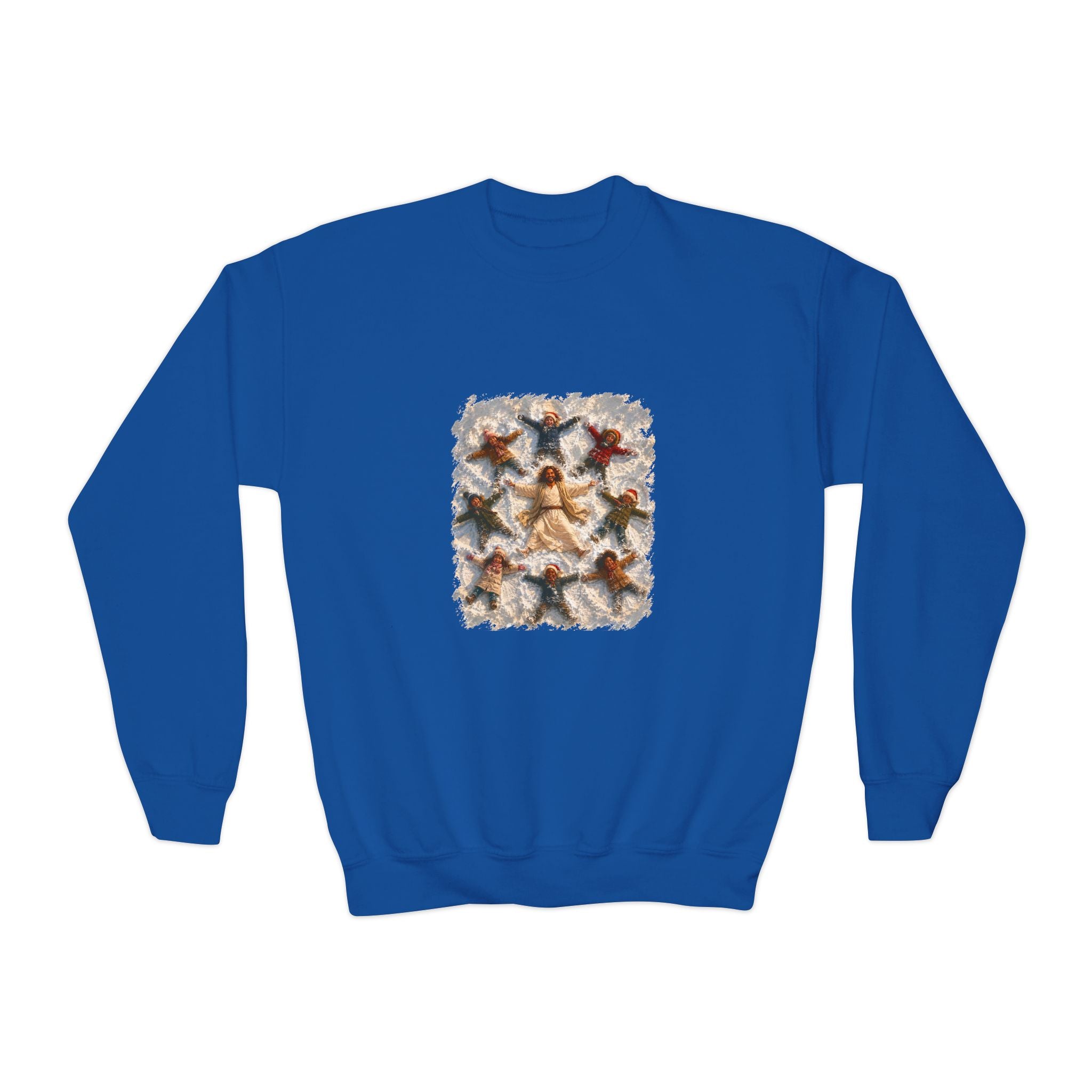 Kids Christmas Jesus Sweatshirt | Snow Angels with Jesus Christian Christmas Kids Crewneck Sweatshirt | Joyful Jesus