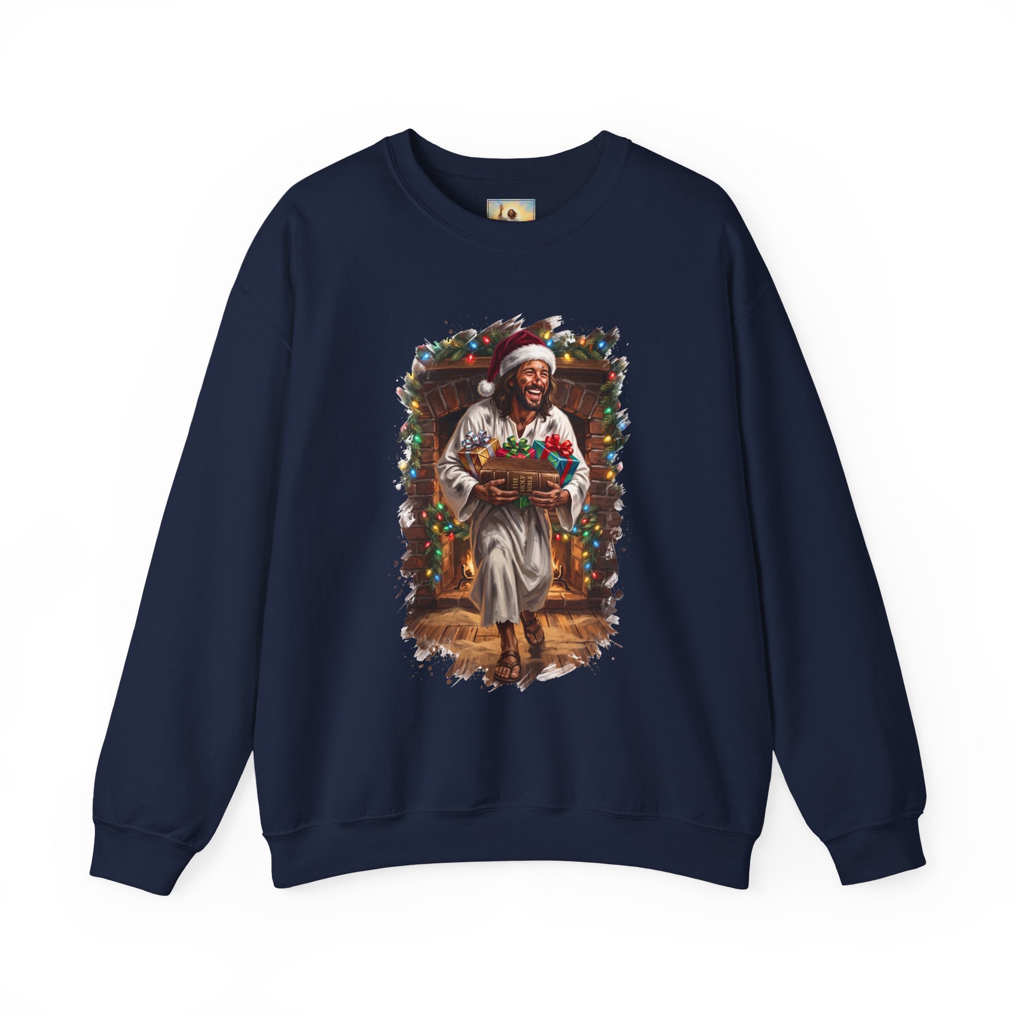 Jesus Santa Hat Sweatshirt | Jesus Down the Chimney with Gifts Funny Christmas Crewneck | Joyful Jesus