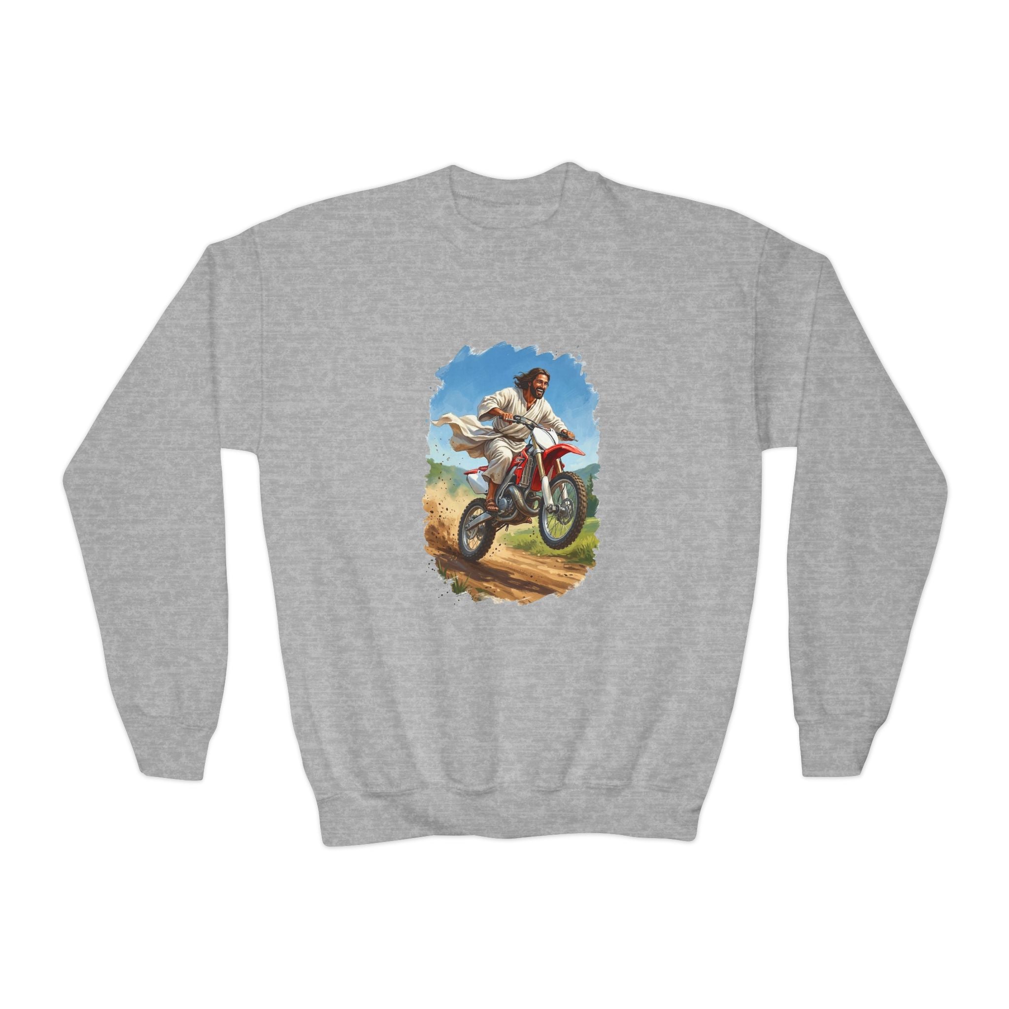 Kids Funny Jesus Sweatshirt | Jesus on a Dirtbike Christian Kids Crewneck Sweatshirt | Joyful Jesus