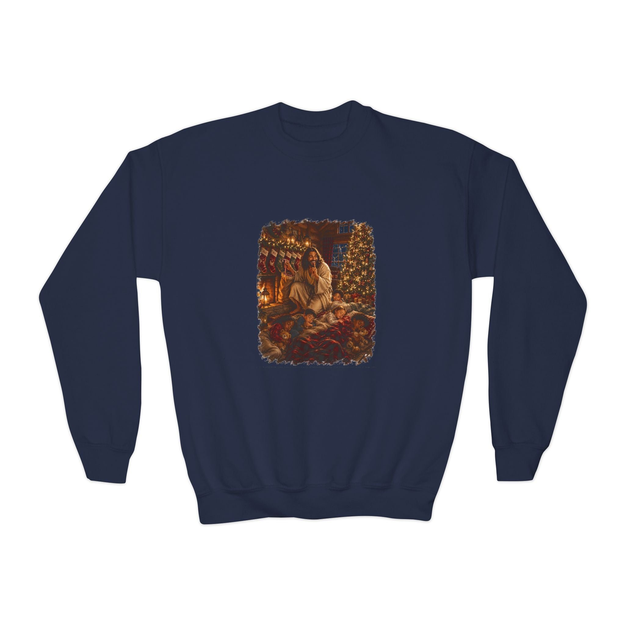 Kids Christmas Eve Jesus Sweatshirt | Jesus by the Fire with Sleeping Children Christian Kids Crewneck Sweatshirt | Joyful Jesus